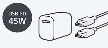 Hình minh họa cho thấy bộ chuyển đổi nguồn và cáp USB PD 45W không được bao gồm và phải mua riêng.